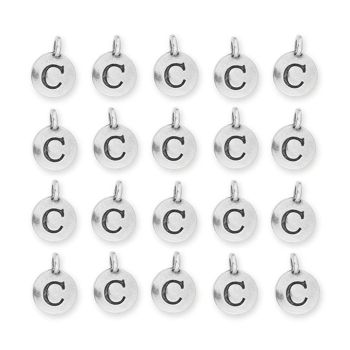 Antiqued silver letter C charms, 20 round pewter charms with loops arranged in four rows of five