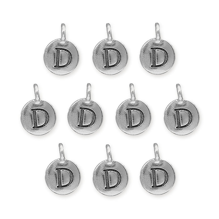 Antiqued silver letter D charms, ten round pewter charms with loops arranged in rows