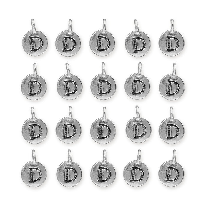 Antiqued silver letter D charms, 20 round pewter charms with loops arranged in a grid of four rows