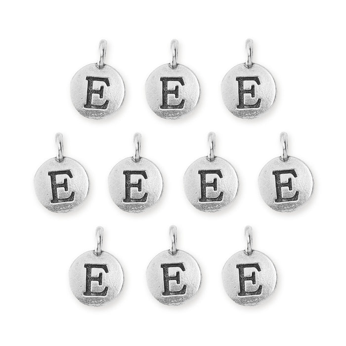Antiqued silver letter E charms, ten round pewter charms with loops laid out in rows