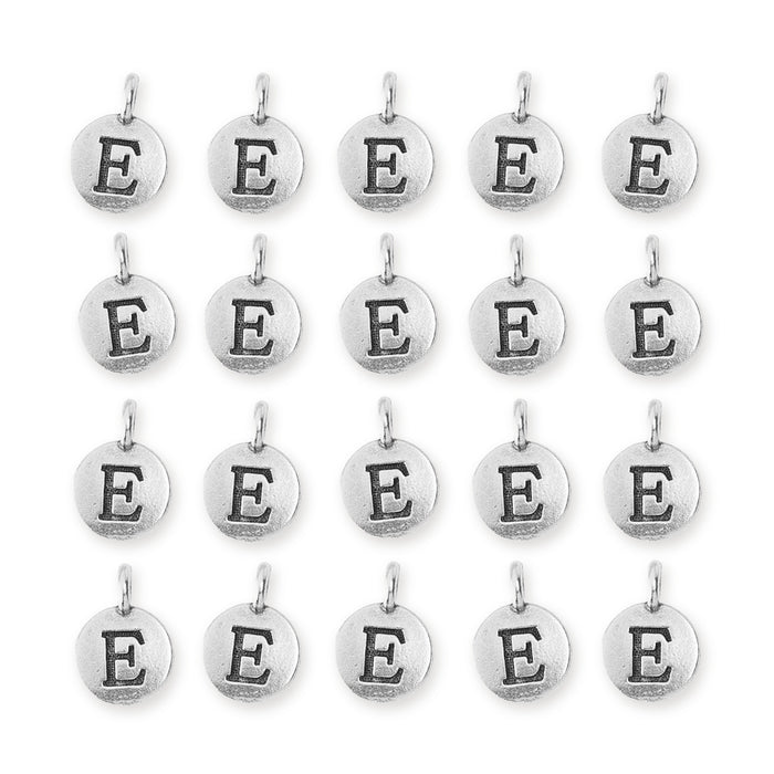 Antiqued silver letter E charms, twenty round pewter charms with loops arranged in a grid of four rows