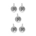 Antiqued silver letter F charms, five round pewter charms with loops arranged in a group on white