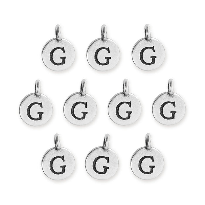 Antiqued silver letter G charms, ten round pewter charms with loops arranged in rows