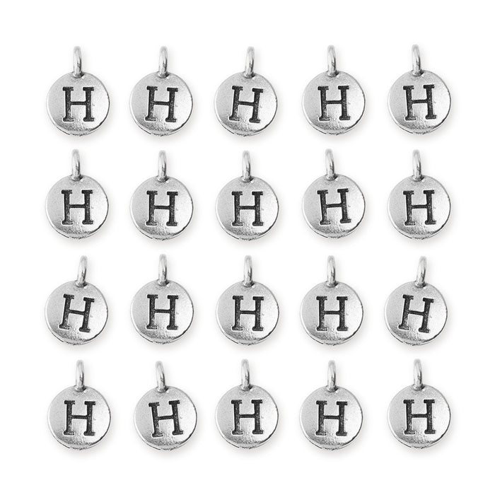 Antiqued silver letter H charms, 20 round pewter charms with loops in four rows of five