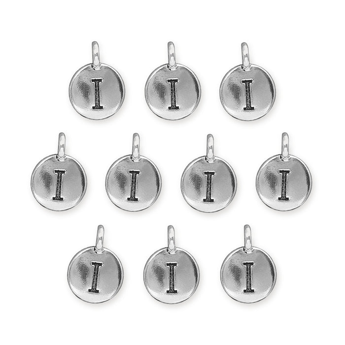 Antiqued silver letter I charms, ten round pewter charms with loops laid out in rows