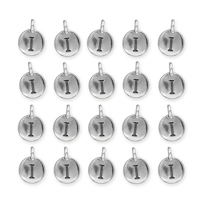 Antiqued silver letter I charms, 20 round pewter charms with loops arranged in a grid of four rows