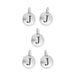 Antiqued silver letter J charms, five round pewter discs with loops arranged in a group on white