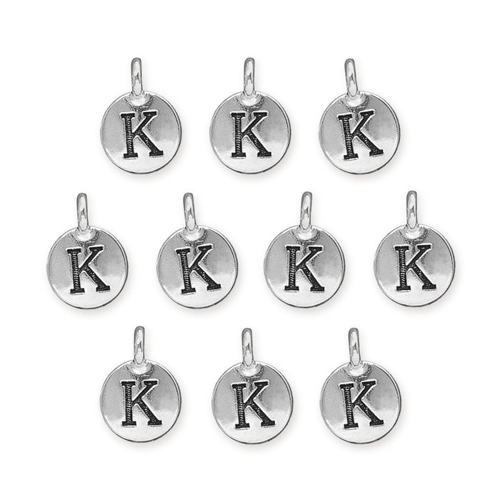 Antiqued silver letter K charms, ten round pewter charms with loops arranged in rows