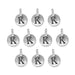 Antiqued silver letter K charms, ten round pewter charms with loops arranged in rows