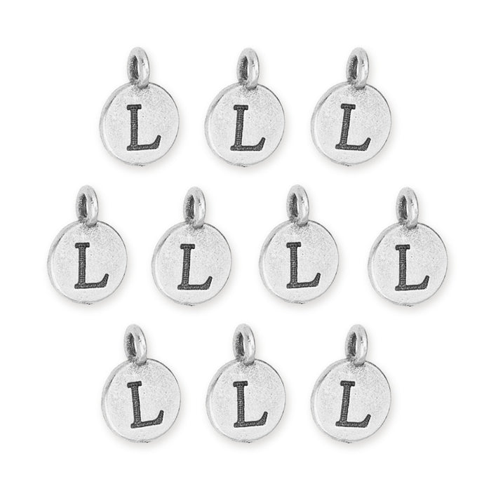 Antiqued silver letter L charms, ten round pewter charms with loops laid out in rows