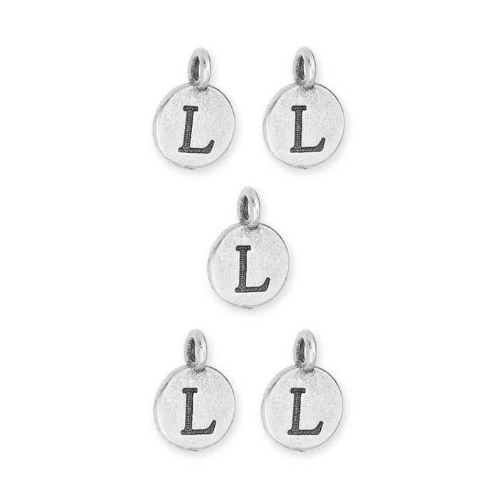 Antiqued silver letter L charms, five round pewter charms with loops arranged in a group