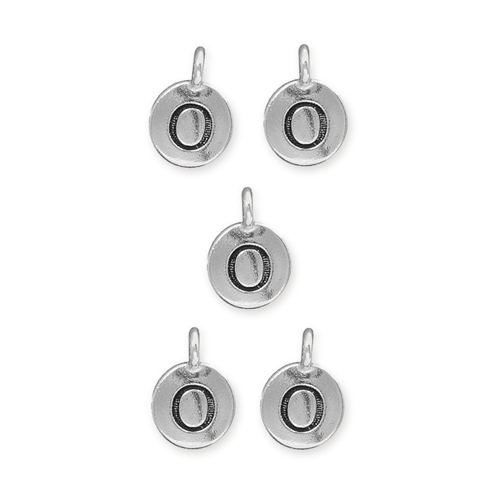 Antiqued silver letter O charms, five pewter round tags with loops arranged in a group