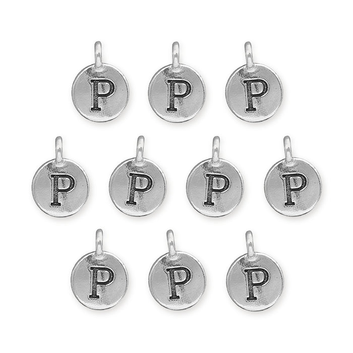 Antiqued silver letter P charms, ten round pewter charms with loops arranged in rows