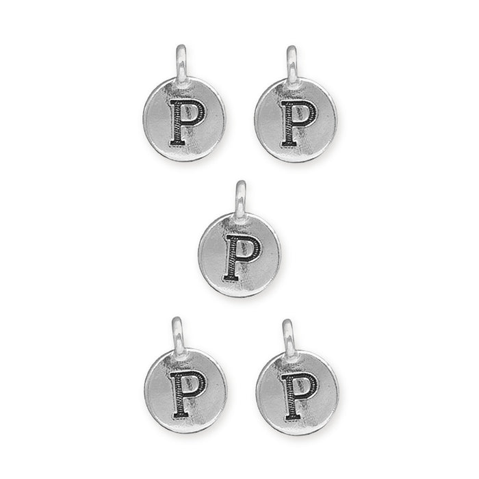 Antiqued silver letter P charms, five round pewter charms with loops arranged on white