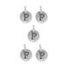 Antiqued silver letter P charms, five round pewter charms with loops arranged on white