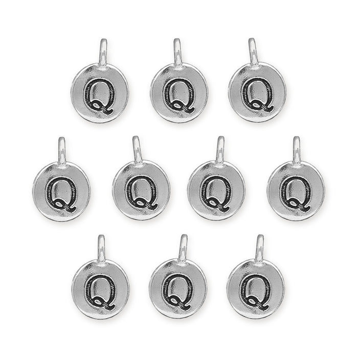 Antiqued silver letter Q charms, ten round pewter charms with loops arranged in rows