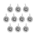 Antiqued silver letter Q charms, ten round pewter charms with loops arranged in rows