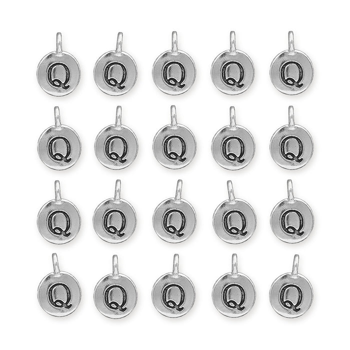 Antiqued silver letter Q charms arranged in four rows of five, showing the round pewter discs and top loops