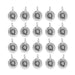 Antiqued silver letter Q charms arranged in four rows of five, showing the round pewter discs and top loops