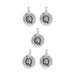 Antiqued silver letter Q charms, five round pewter charms with loops arranged in a group