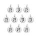 Antiqued silver letter R charms, ten round pewter charms with loops laid out in rows