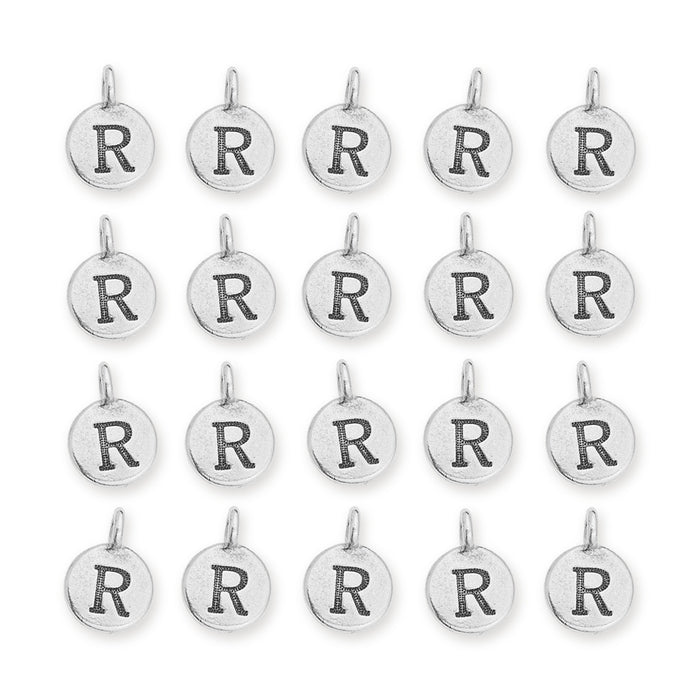 Antiqued silver letter R charms, twenty round pewter charms with loops arranged in a grid