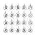Antiqued silver letter R charms, twenty round pewter charms with loops arranged in a grid