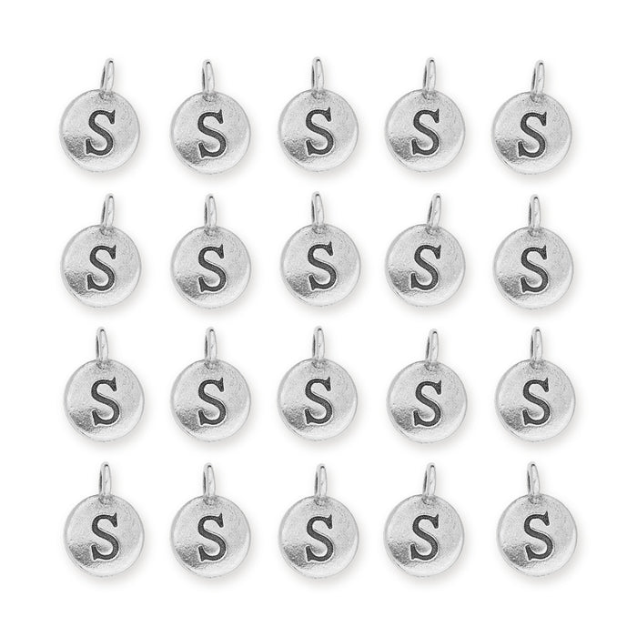 Antiqued silver letter S charms arranged in four rows of five, each a round pewter disc with a loop