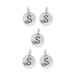 Antiqued silver letter S charms, five round pewter charms with loops arranged on a white background