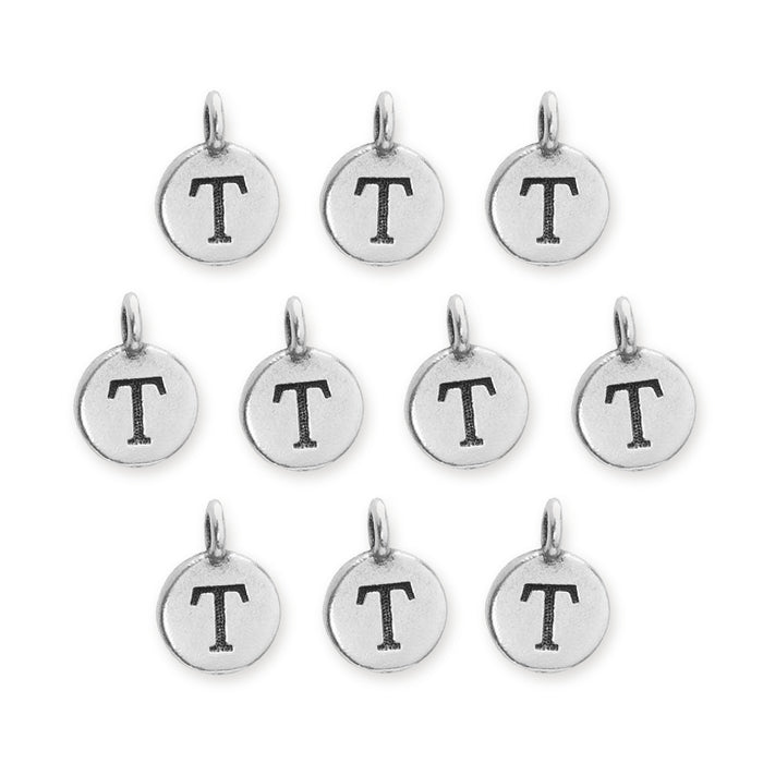 Antiqued silver letter T charms, ten round pewter charms with loops arranged in rows