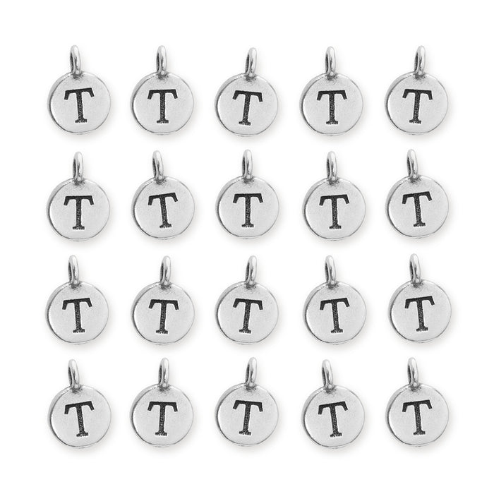 Antiqued silver letter T charms arranged in a grid of four rows with five round pewter charms each