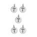 Antiqued silver letter T charms, five round pewter charms with loops arranged on white