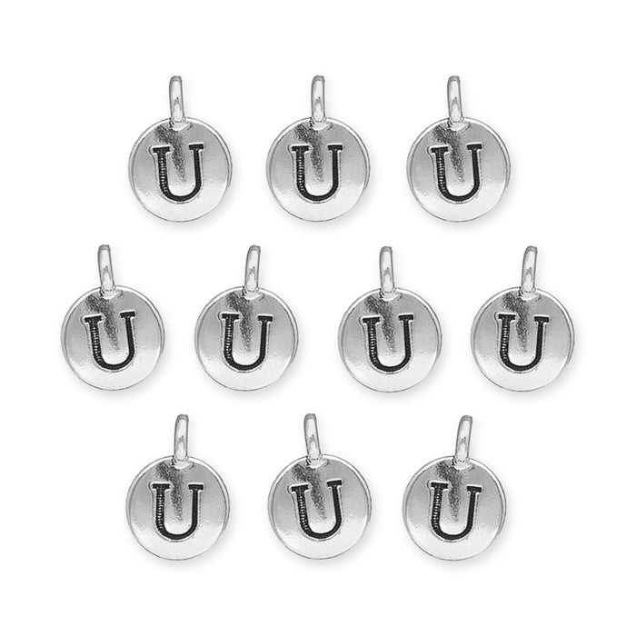 Antiqued silver letter U charms, ten round pewter charms with loops laid out in rows