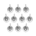 Antiqued silver letter U charms, ten round pewter charms with loops laid out in rows