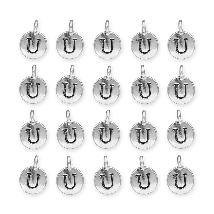 Antiqued silver letter U charms arranged in a grid of four rows of five round pewter charms with loops
