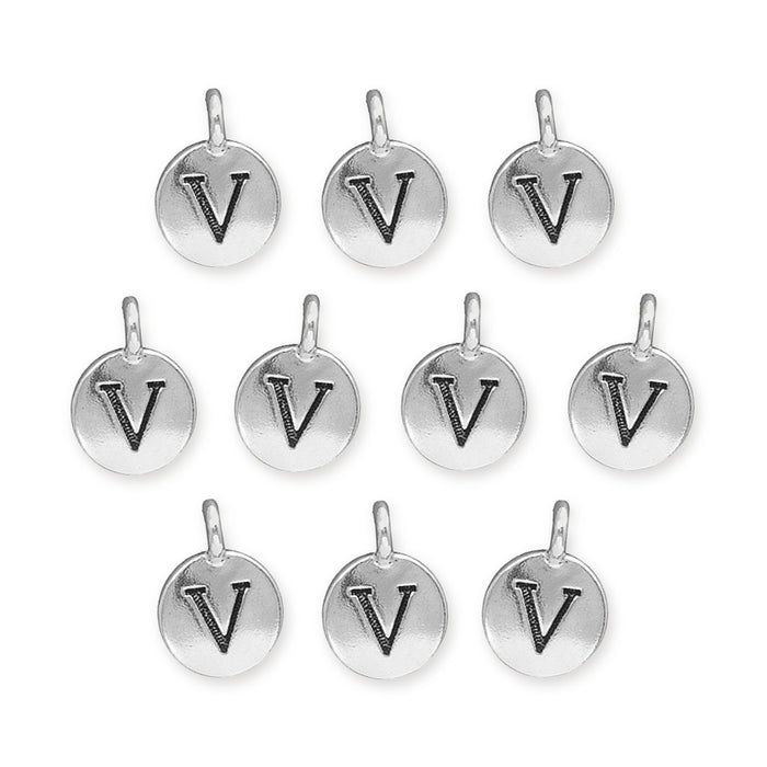 Antiqued silver letter V charms, ten round pewter charms with loops arranged in rows