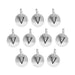 Antiqued silver letter V charms, ten round pewter charms with loops arranged in rows