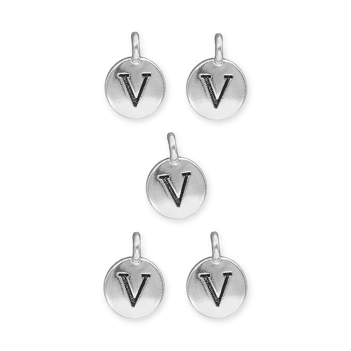 Antiqued silver letter V charms, five round pewter charms with loops arranged on a white background
