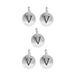 Antiqued silver letter V charms, five round pewter charms with loops arranged on a white background