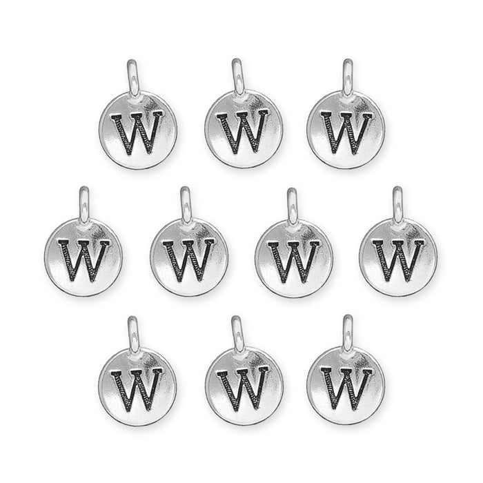 Antiqued silver letter W charms, ten round pewter charms with loops arranged in rows