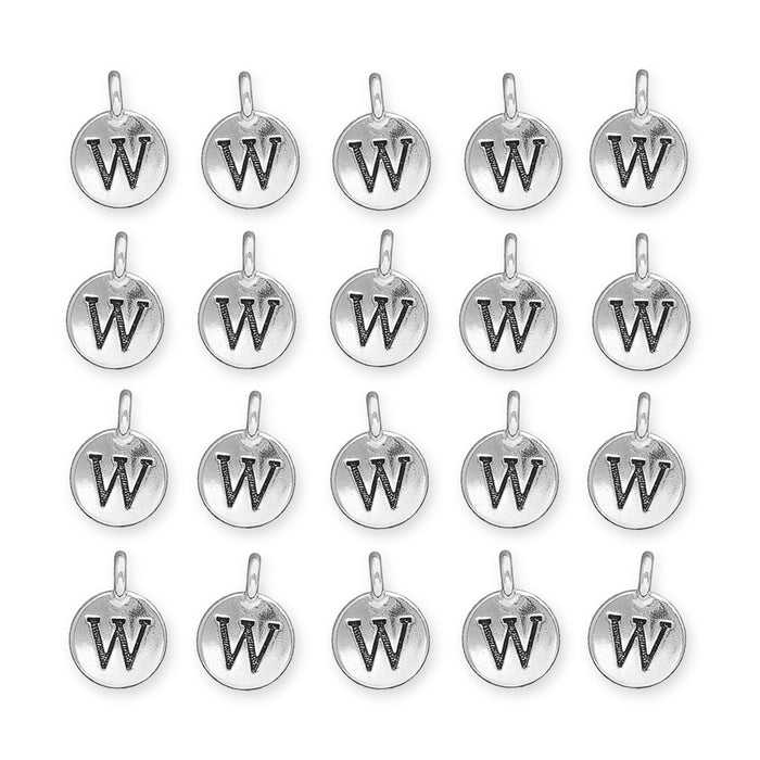 Antiqued silver letter W charms arranged in a grid of four rows, showing the round face and top loop