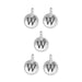 Antiqued silver letter W charms, five round pewter charms with loops arranged on a white background