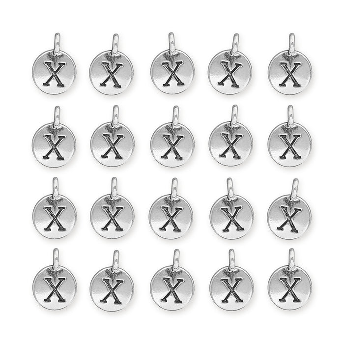 Antiqued silver letter X charms, 20 round pewter charms with loops arranged in a grid of four rows
