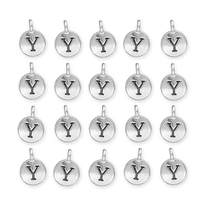 Antiqued silver letter Y charms, 20 round pewter charms arranged in four rows of five