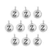 Antiqued silver letter Z charms, ten round pewter charms with loops arranged in rows on white