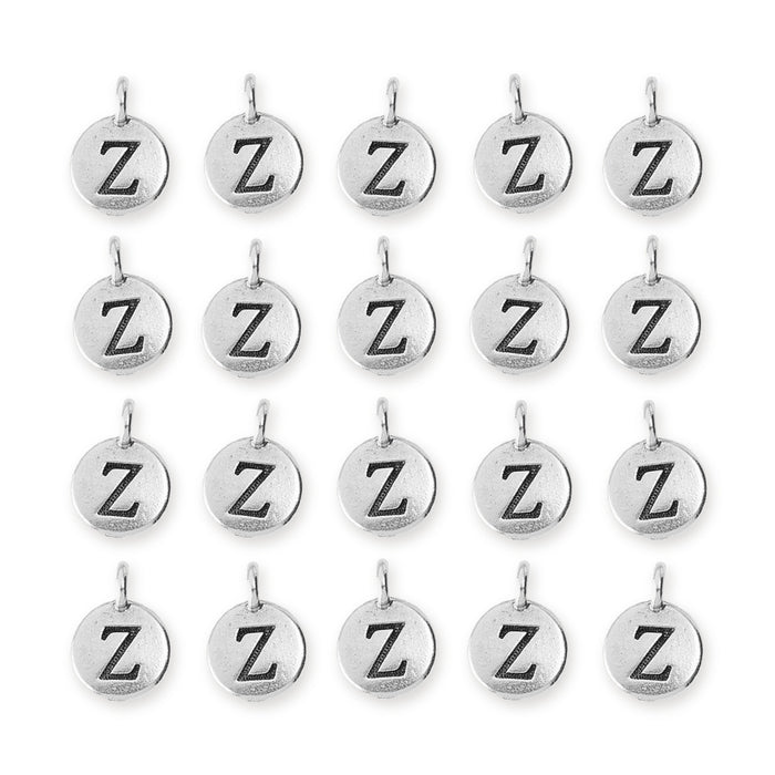 Antiqued silver letter Z charms arranged in a grid of four rows with five round charms each