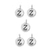 Antiqued silver letter Z charms, five round pewter charms with loops arranged on a white background