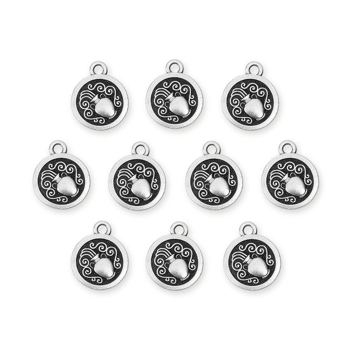 Antiqued silver Aquarius zodiac charms, ten pewter round charms with water jug and swirl design laid out in rows