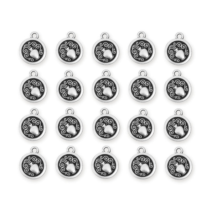 Antiqued silver Aquarius zodiac charms arranged in four rows of five, showing the water jug design on round pewter