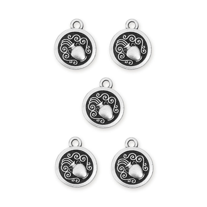Antiqued silver Aquarius zodiac charms, five round pewter charms with a water jug and swirls on a white background
